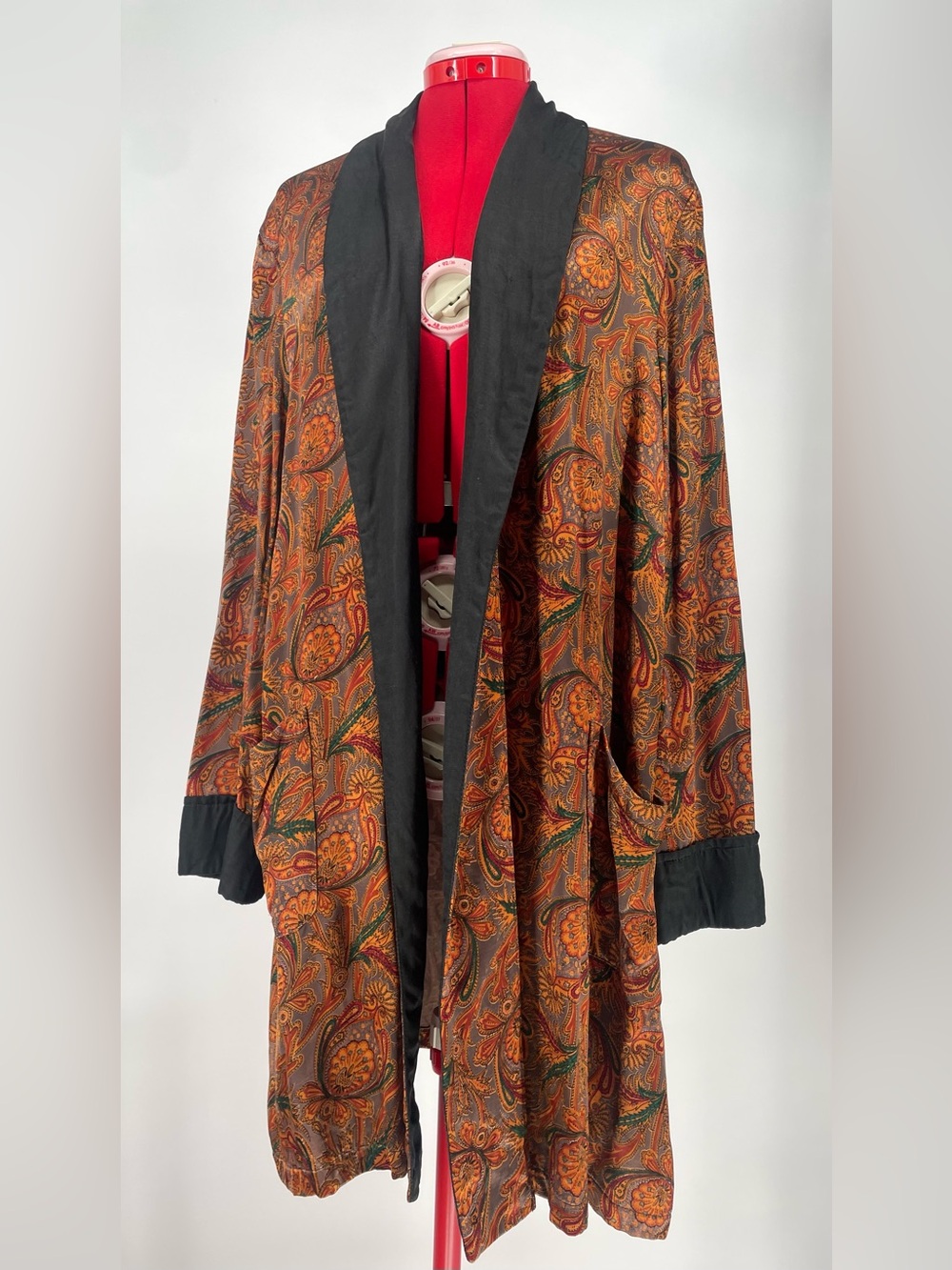 Vintage Satin Paisley Smoking Jacket Mid Length Luxurious Robe Duster